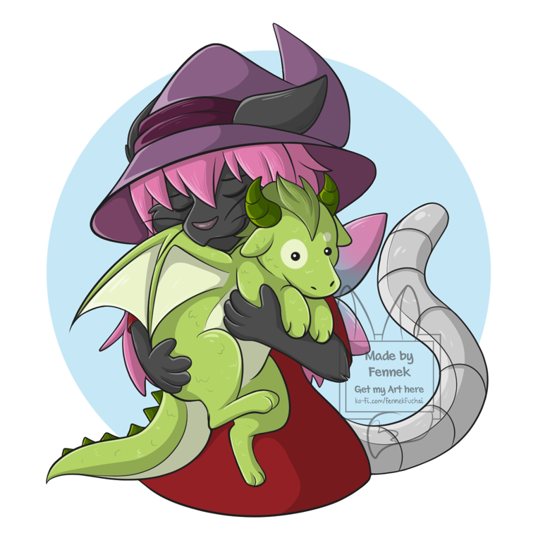 Black Cat Girl hugs a Dragon