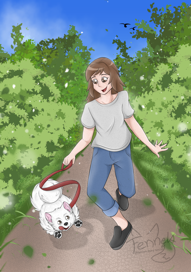 Female Human walking with a small white Dog