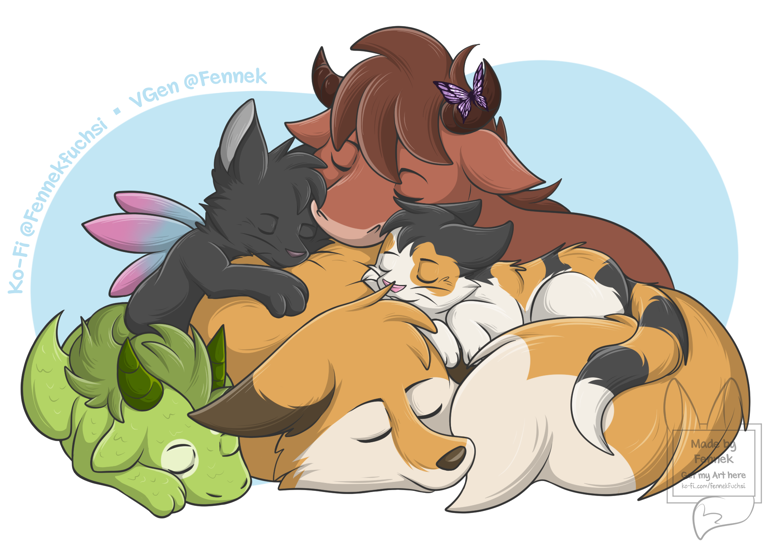 Cuddlepile of Cats, Dragons and a Fox